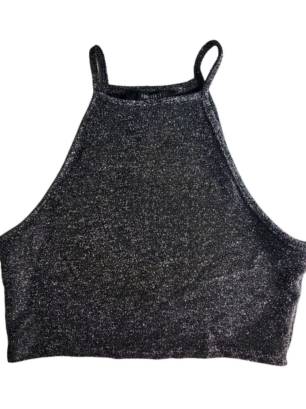 Forever 21 Black Silver Glitter Crop Top Womens Medium Sparkly Halter Party Y2K